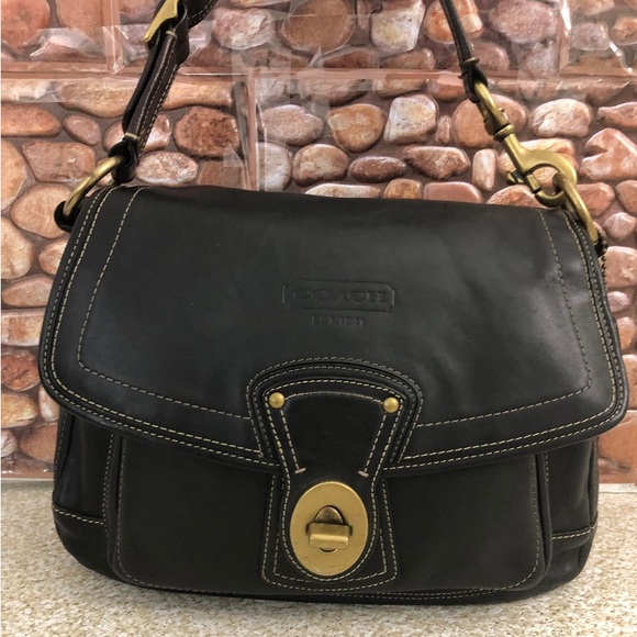 Coach Black Leather Fold-over Flap Turn-lock Hobo Shoulder Purse Bag - Picture 2 of 13
